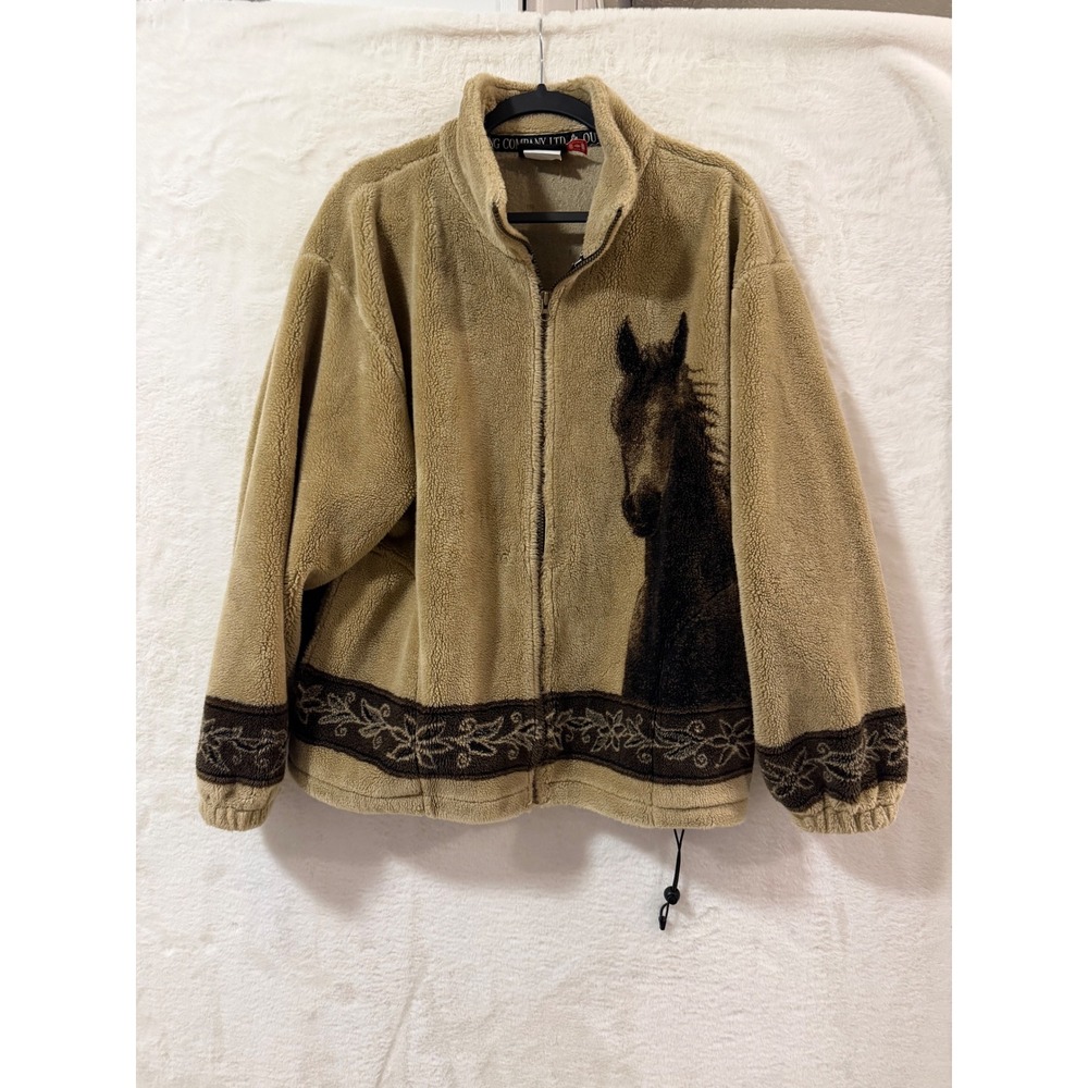 Outback Trading Co Horse Fleece Jacket Tan Full Zip Equestrian Western Large